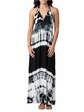 ANGL Black & White Tie-Dye Halter Maxi Dress Small NWT